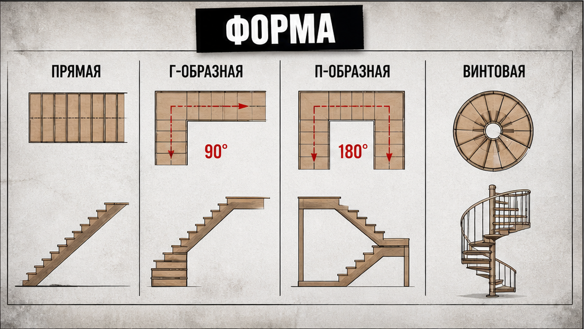 Схема типов лестниц: прямая, Г, П, винтовая