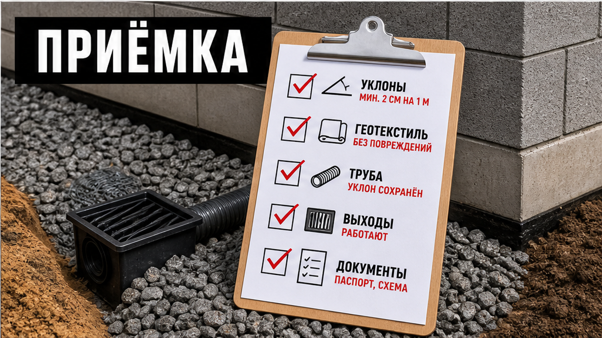Чеклист приёмки дренажа до засыпки - 7 пунктов